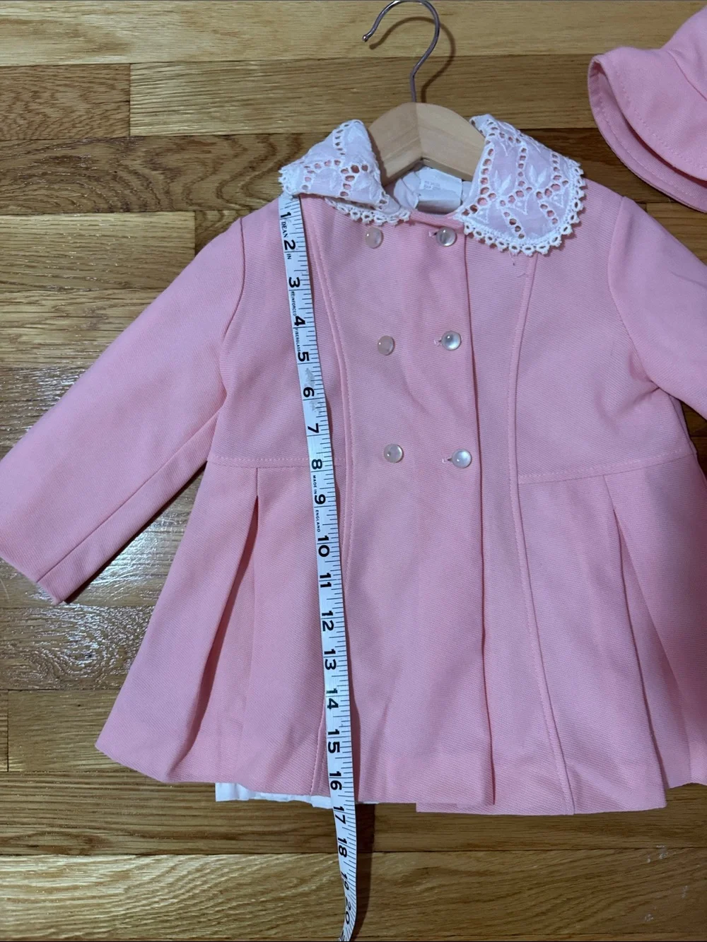 Vintage Girls' Pink Double-Breasted Coat with Lace Collar and Matching Hat